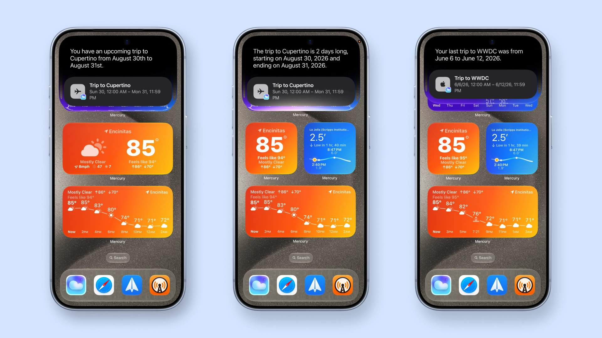 Three iPhones showing Siri responses for upcoming and past trips in Mercury