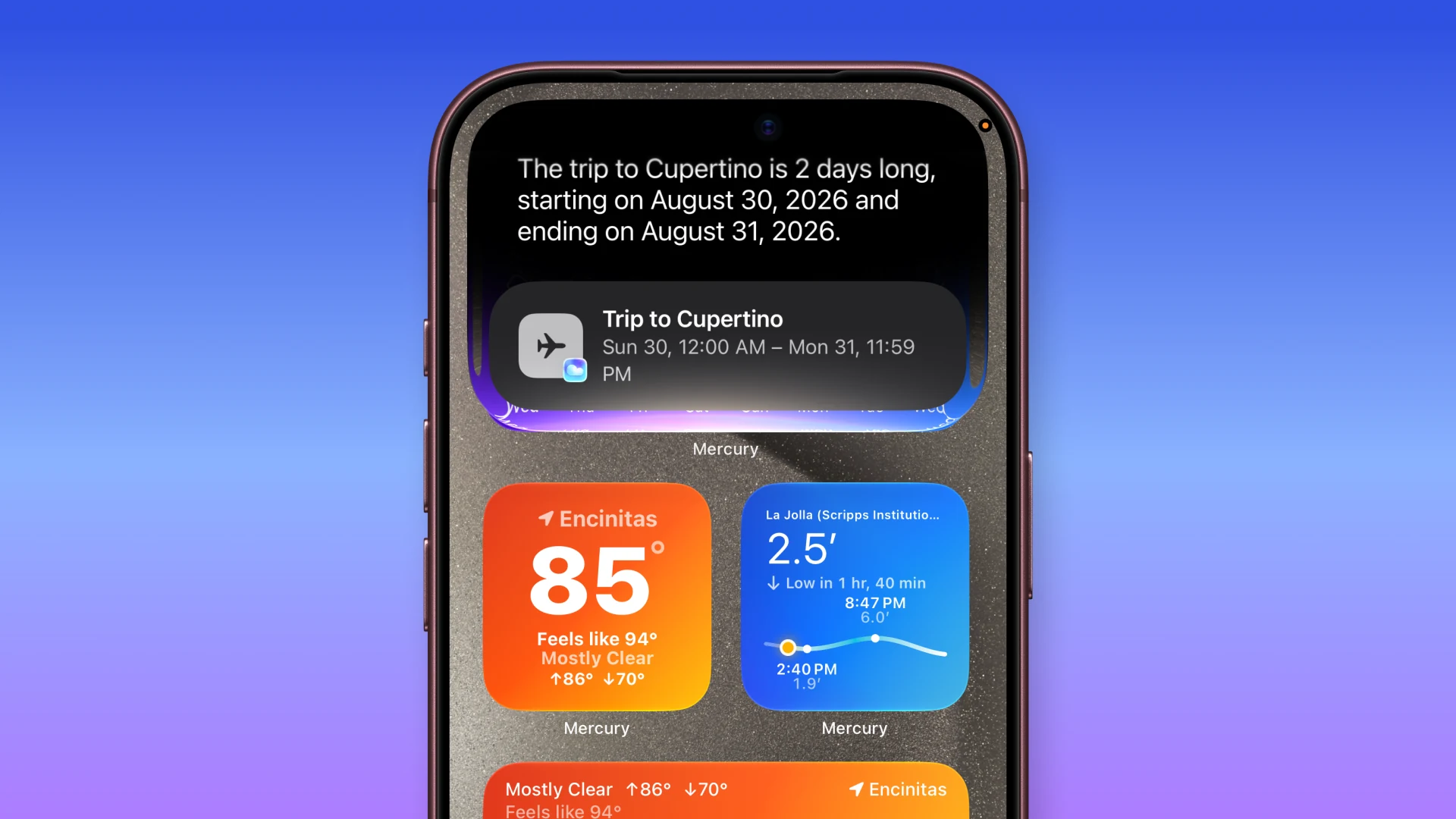 An iPhone showing a Siri response for a trip to Cupertino above Mercury's weather and tide widgets