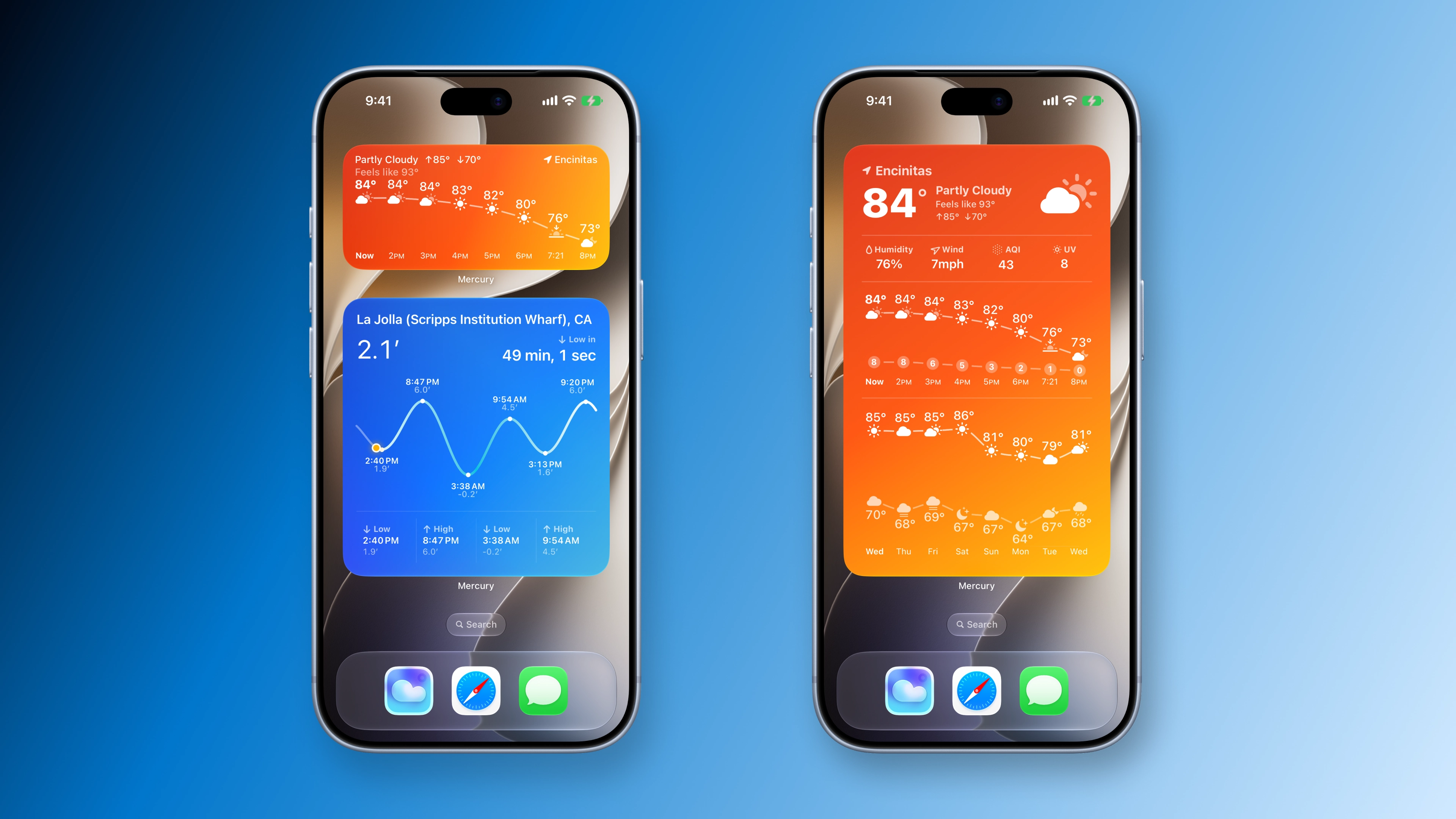 Two iPhones showing Mercury's tide forecast and extra-large weather forecast widgets